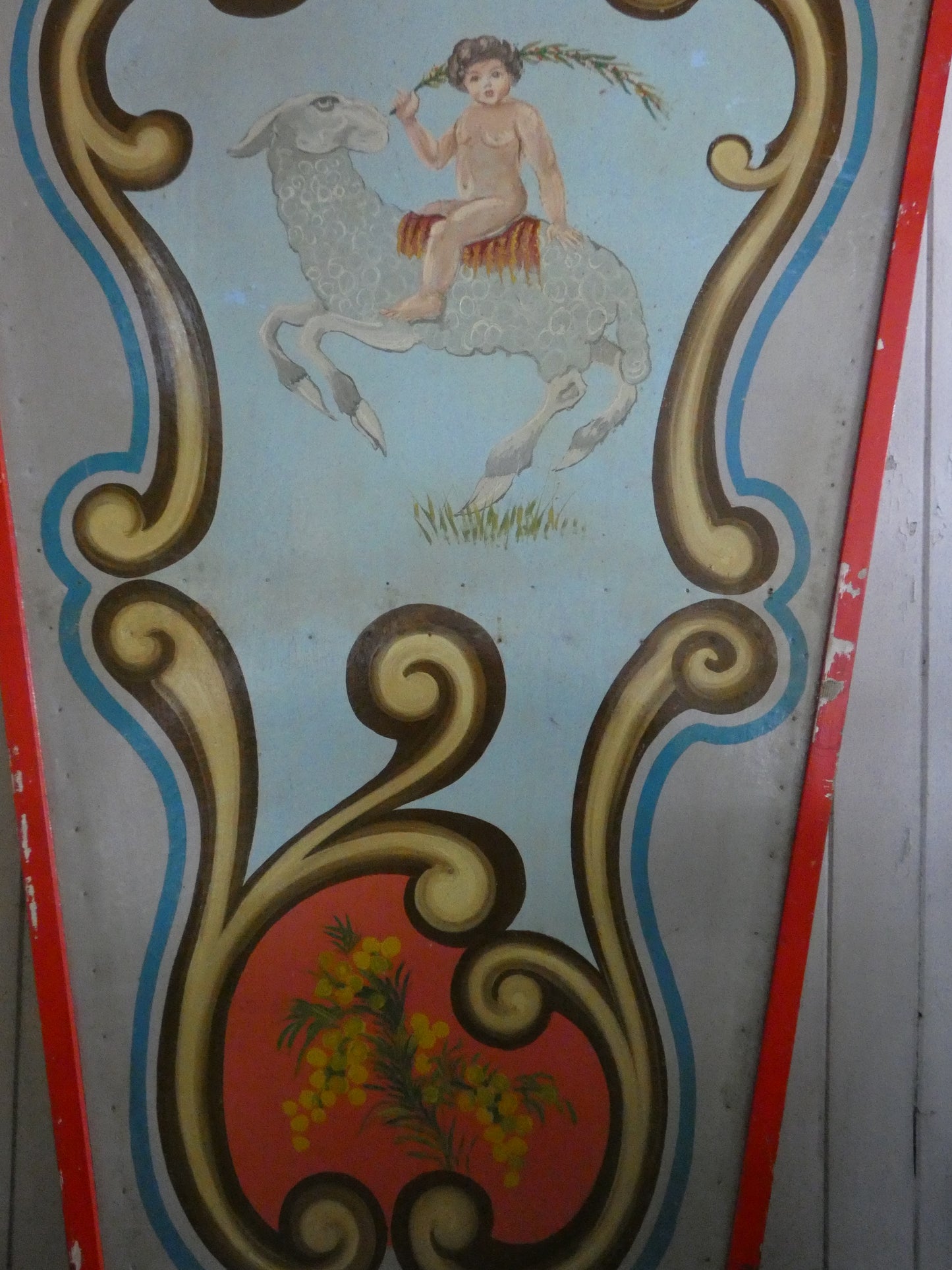 Antique Hand Painted wooden carousel fairground panel with cherub and sheep.