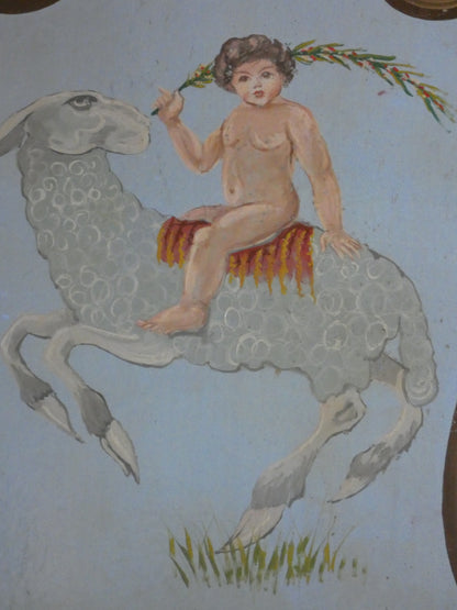 Antique Hand Painted wooden carousel fairground panel with cherub and sheep.