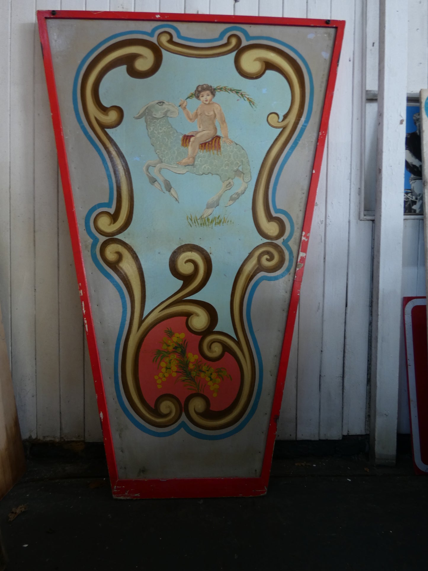 Antique Hand Painted wooden carousel fairground panel with cherub and sheep.