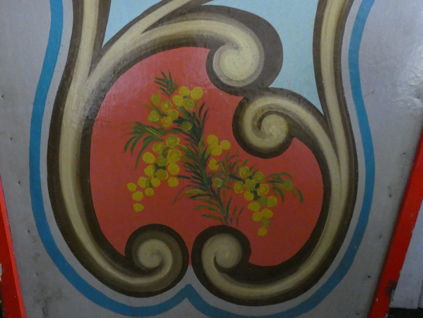 Antique Hand Painted wooden carousel fairground panel with cherub and sheep.