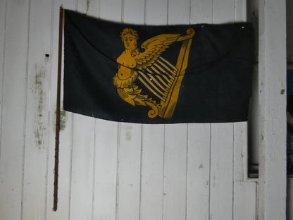 Vintage “Winged-Maiden” Harp Flag – Historical Irish Symbol on Wooden Staff,