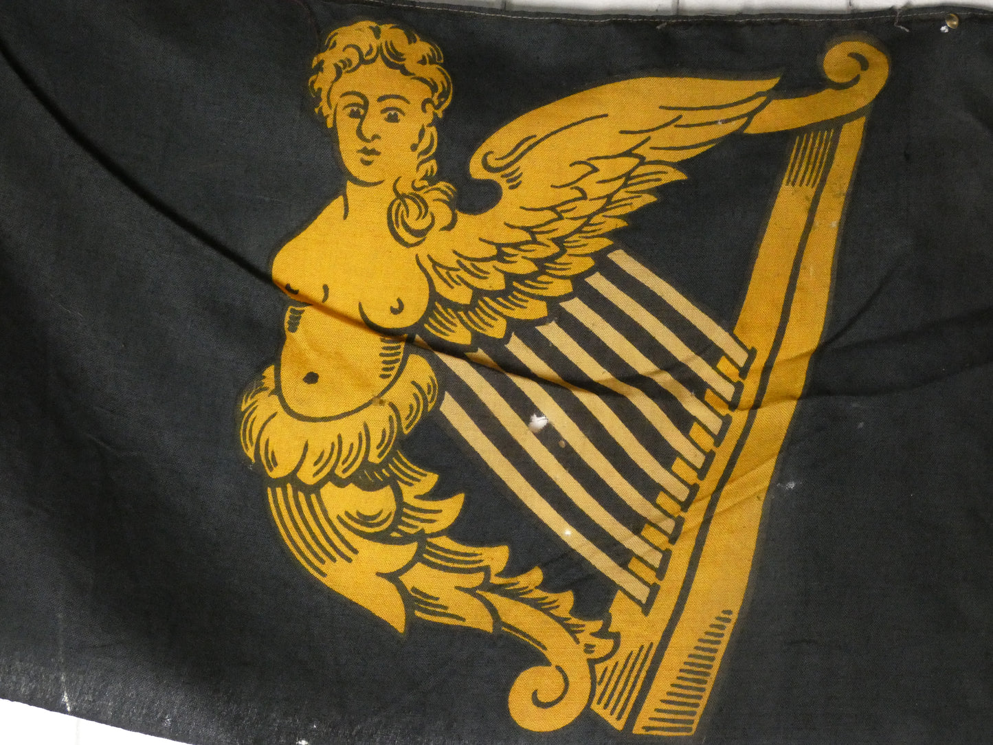 Vintage “Winged-Maiden” Harp Flag – Historical Irish Symbol on Wooden Staff,