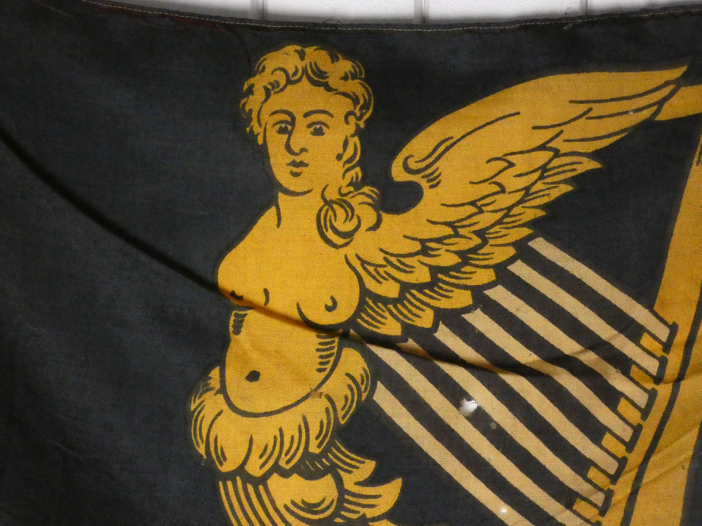 Vintage “Winged-Maiden” Harp Flag – Historical Irish Symbol on Wooden Staff,