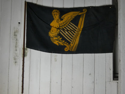 Vintage “Winged-Maiden” Harp Flag – Historical Irish Symbol on Wooden Staff,