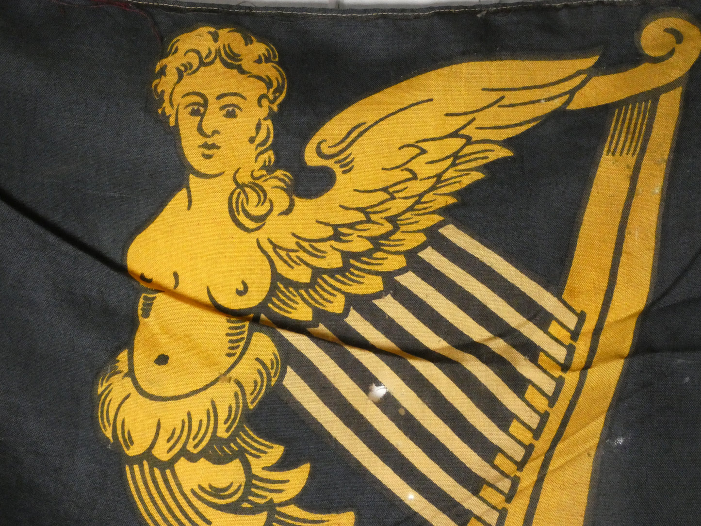 Vintage “Winged-Maiden” Harp Flag – Historical Irish Symbol on Wooden Staff,