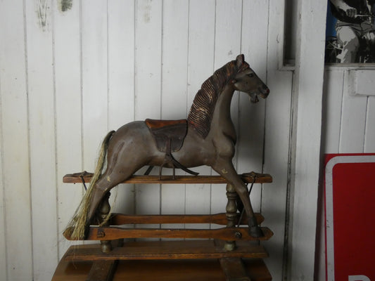 Vintage Miniature Rocking Horse with Horsehair Tail – Handcrafted Wooden base  Rocker