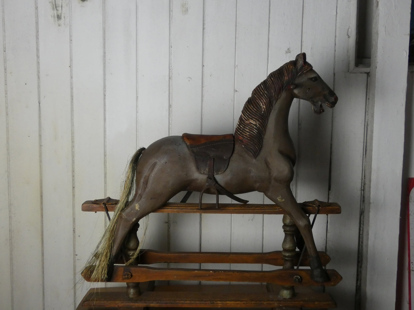 Vintage Miniature Rocking Horse with Horsehair Tail – Handcrafted Wooden base  Rocker