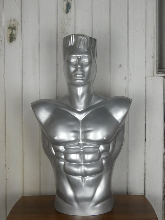 Vintage 1980s Metallic Silver Male Mannequin – Muscular Form, LGBTQ+ Art Interest