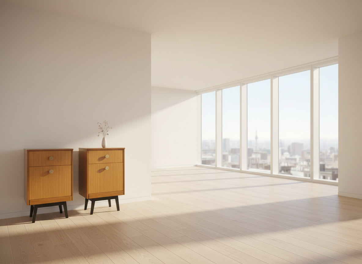 Pair of Mid-Century Teak Wooden Bedroom Side Tables with Two Drawers & Splayed Legs