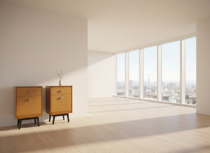 Pair of Mid-Century Teak Wooden Bedroom Side Tables with Two Drawers & Splayed Legs