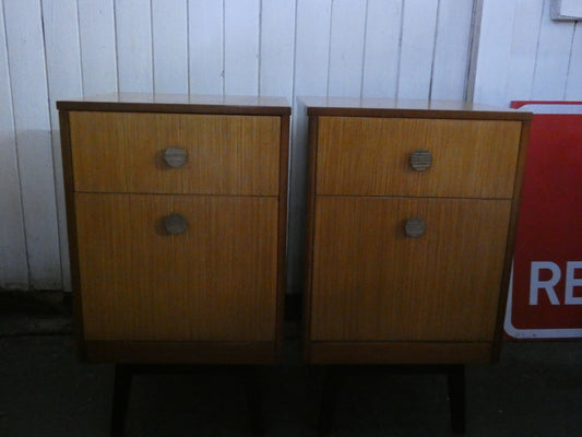 Pair of Mid-Century Teak Wooden Bedroom Side Tables with Two Drawers & Splayed Legs