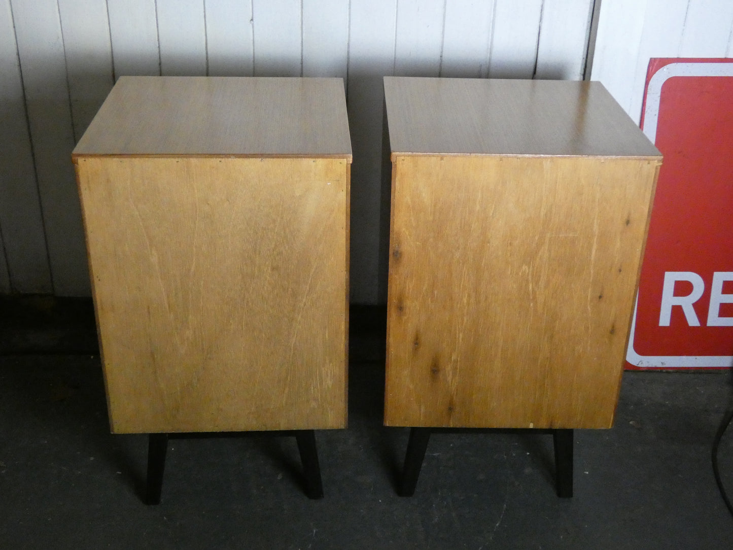 Pair of Mid-Century Teak Wooden Bedroom Side Tables with Two Drawers & Splayed Legs