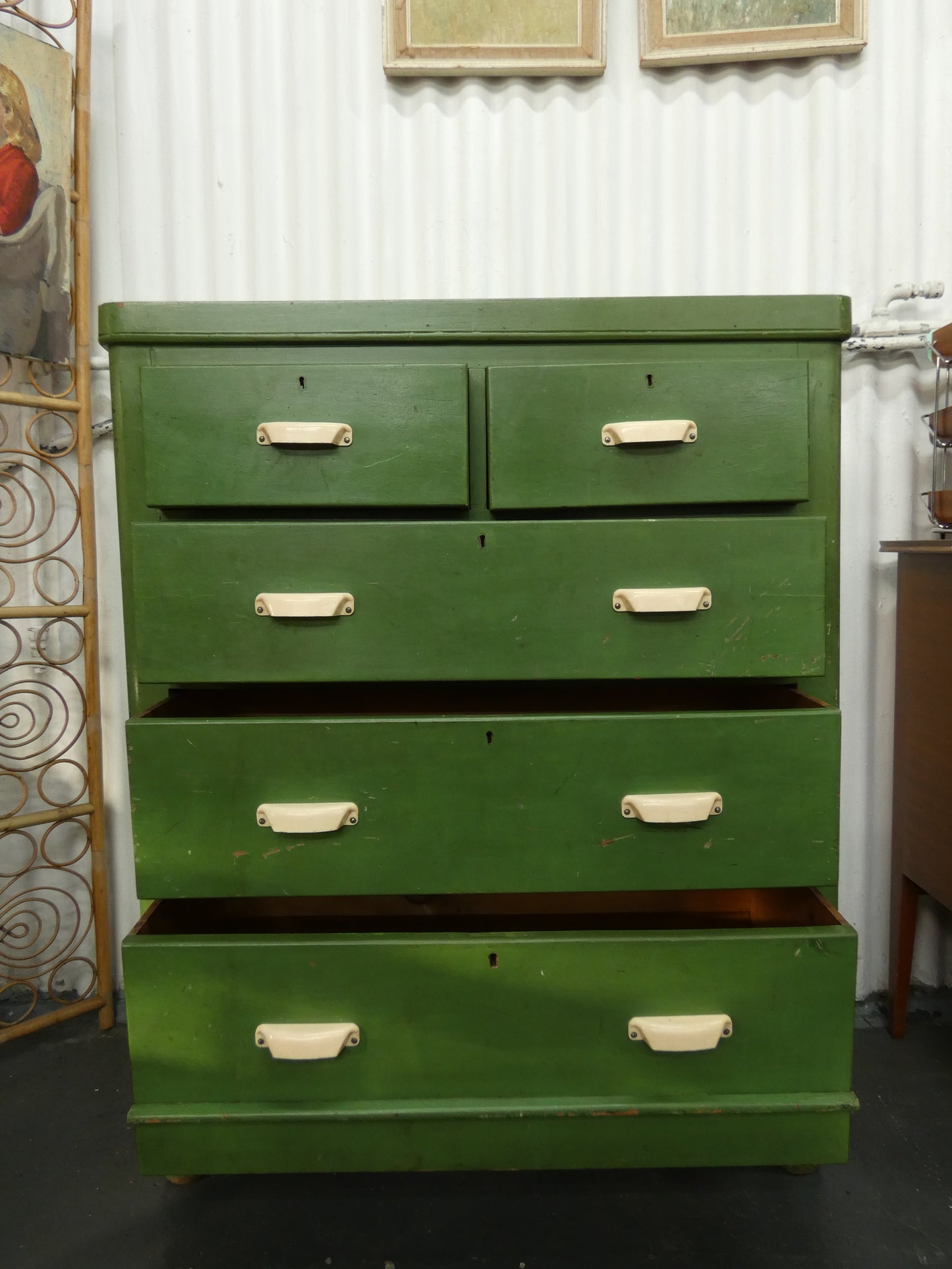 Stunning  Green Chest of Drawers with Bakelite Handles – Vintage Patina  1950s