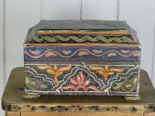 Vintage Folk Art Hand-Painted Trinket Box – Blue, Orange & Green, Wooden Collectible