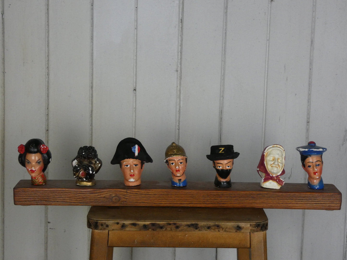Set of Vintage French Folk Art Puppet Heads on Wooden Stand