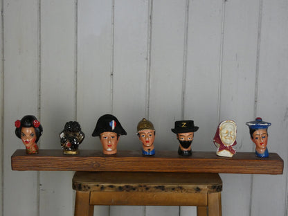 Set of Vintage French Folk Art Puppet Heads on Wooden Stand