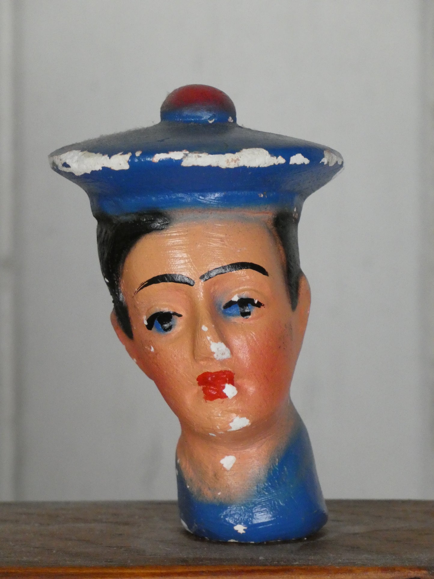 Set of Vintage French Folk Art Puppet Heads on Wooden Stand