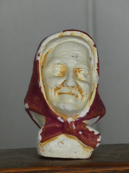 Set of Vintage French Folk Art Puppet Heads on Wooden Stand