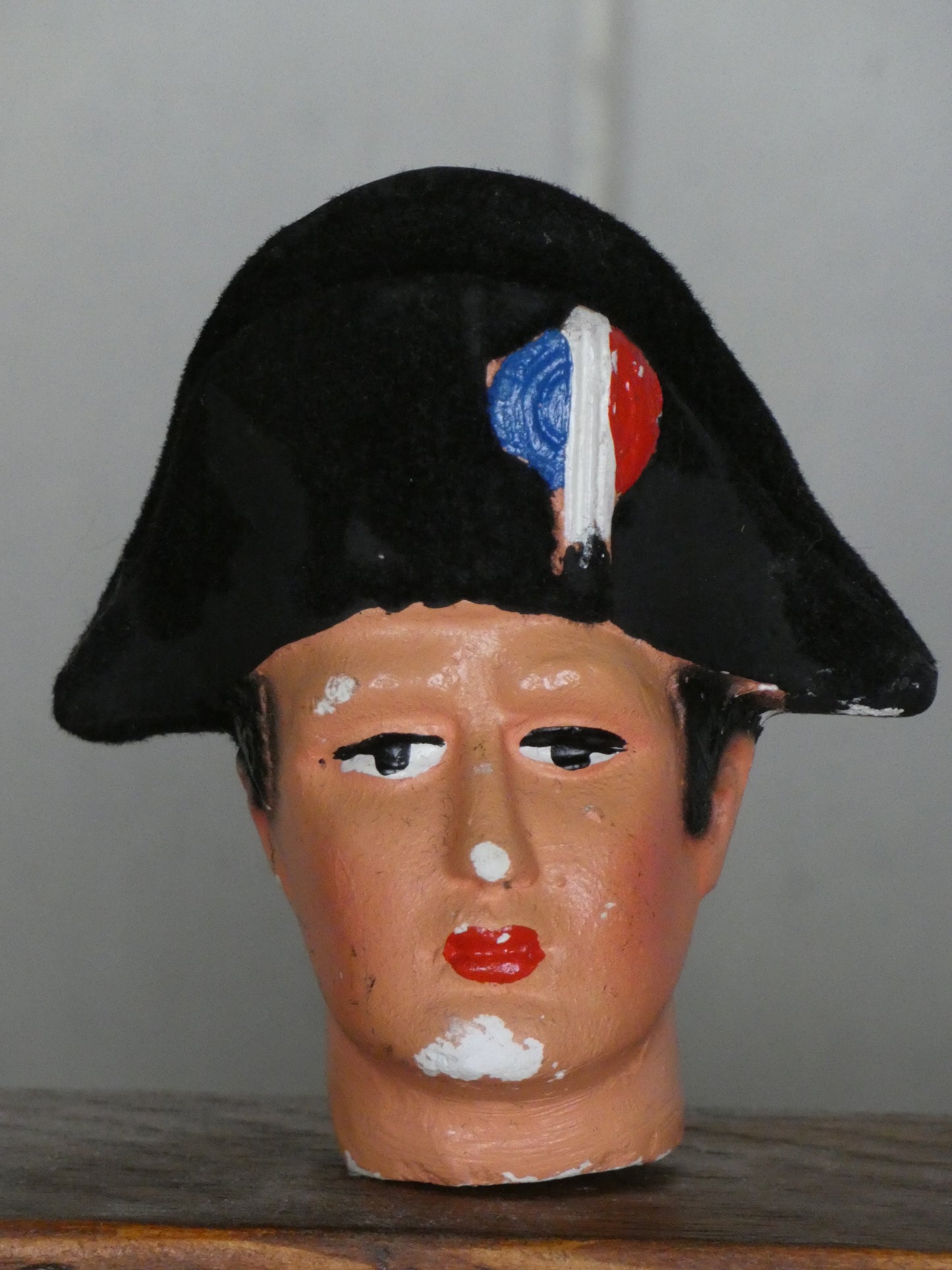 Set of Vintage French Folk Art Puppet Heads on Wooden Stand