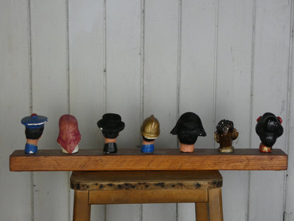 Set of Vintage French Folk Art Puppet Heads on Wooden Stand