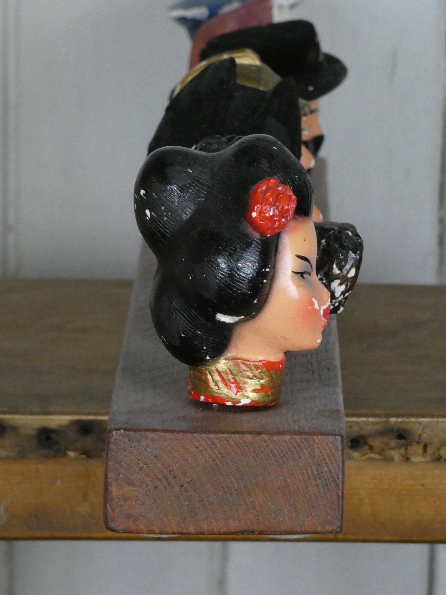 Set of Vintage French Folk Art Puppet Heads on Wooden Stand