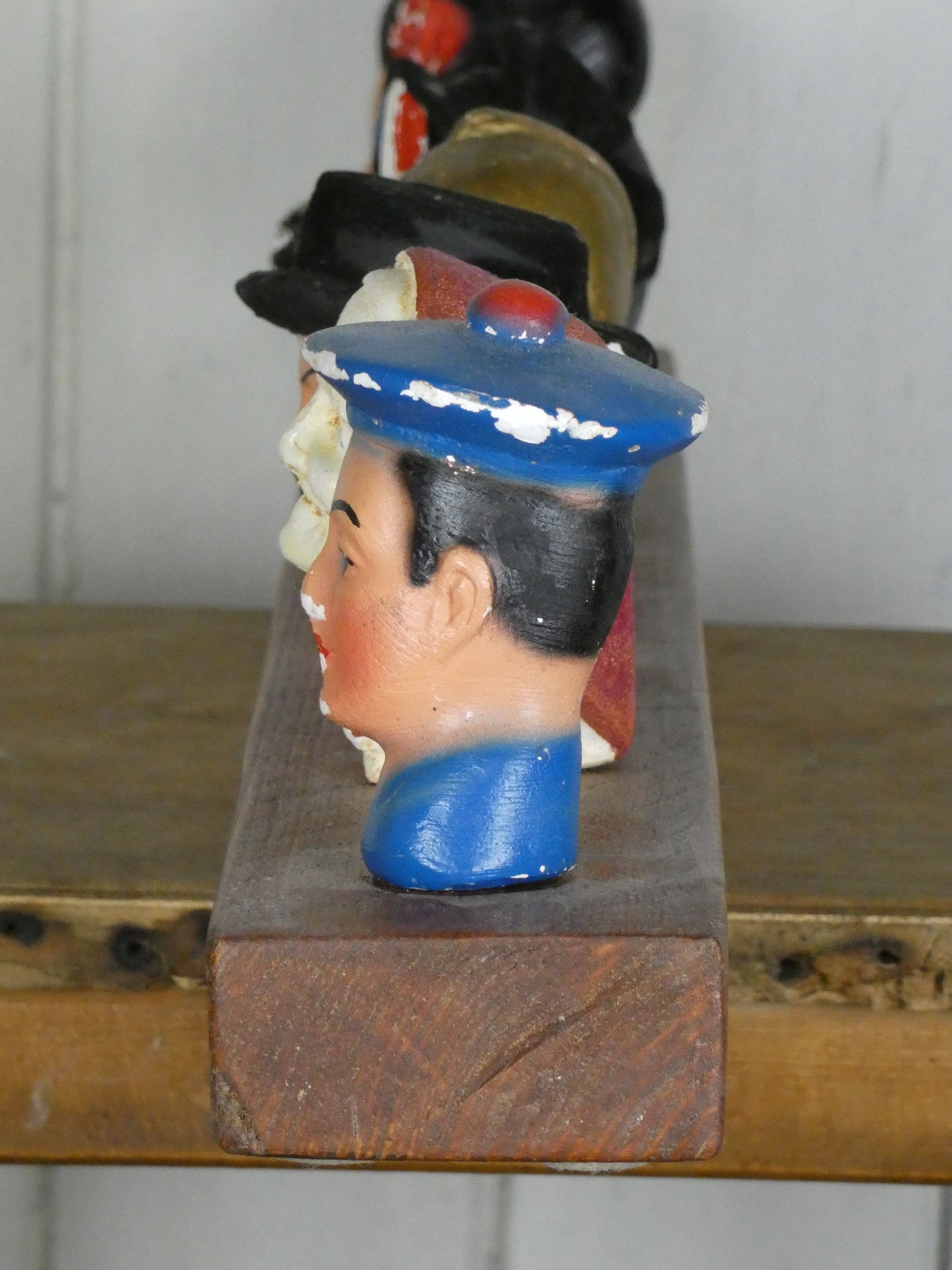 Set of Vintage French Folk Art Puppet Heads on Wooden Stand
