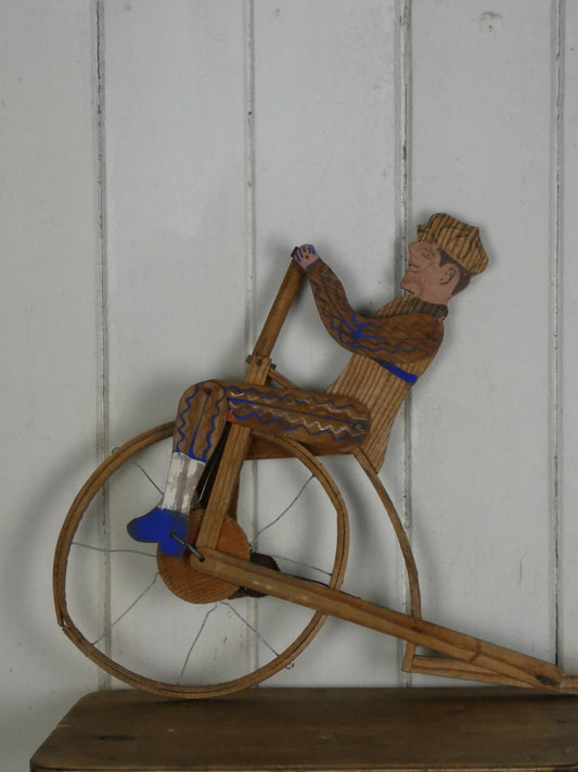Vintage Folk Art Wooden Cycling Man / Toy  – Handcrafted 1940s Kinetic Sculpture with Bell