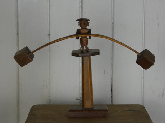 Vintage Folk Art Hand-Carved Balancing Man – Kinetic Wooden Sculpture, Rare UK Find