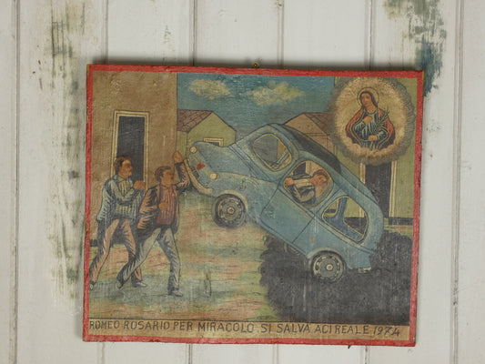 974 Italian Folk Art Ex-Voto Painting – “Romeo Rosario Per Miracolo Si Salva, Acireale” (32 x 39 cm)