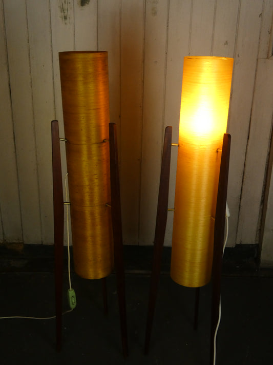 Mid-Century Modern Teak Tripod Floor Lamps with Yellow Fibreglass Shades (1960s–70s)