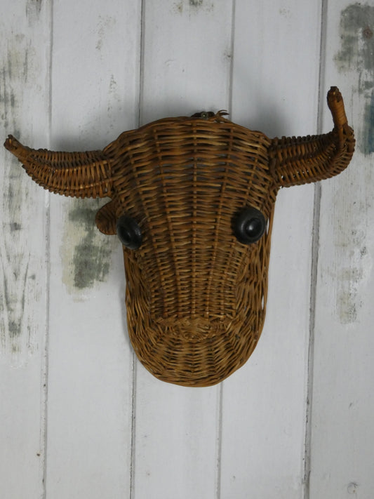 Rare Vintage Rattan Bull’s Head Wall Decor | Mid Century Wicker Taurus Sculpture | 1960s–1970s