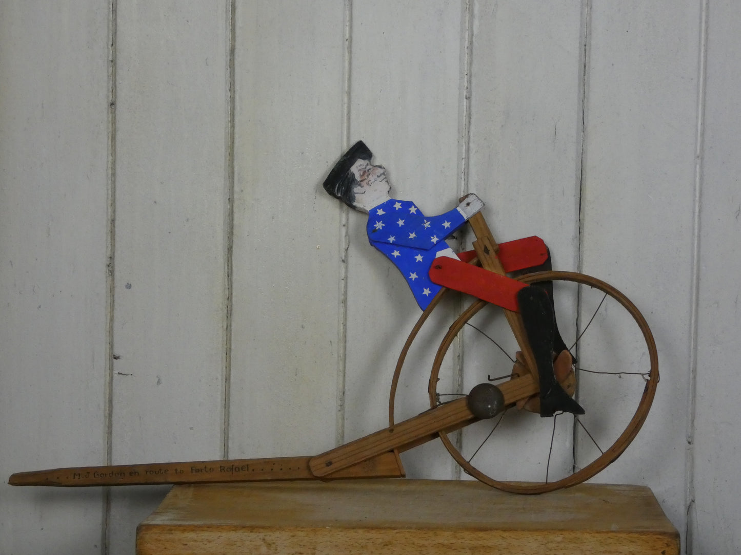 Vintage Folk Art Wooden Cycling Man / Toy – Handcrafted 1940s Kinetic Sculpture with Bell