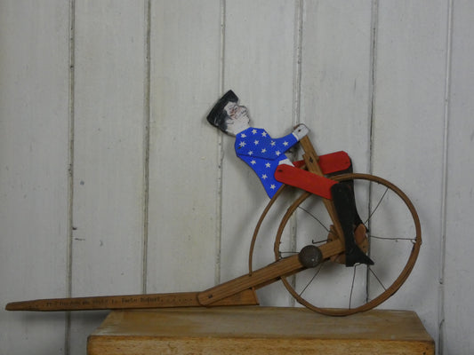 Vintage Folk Art Wooden Cycling Man / Toy – Handcrafted 1940s Kinetic Sculpture with Bell