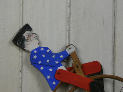 Vintage Folk Art Wooden Cycling Man / Toy – Handcrafted 1940s Kinetic Sculpture with Bell