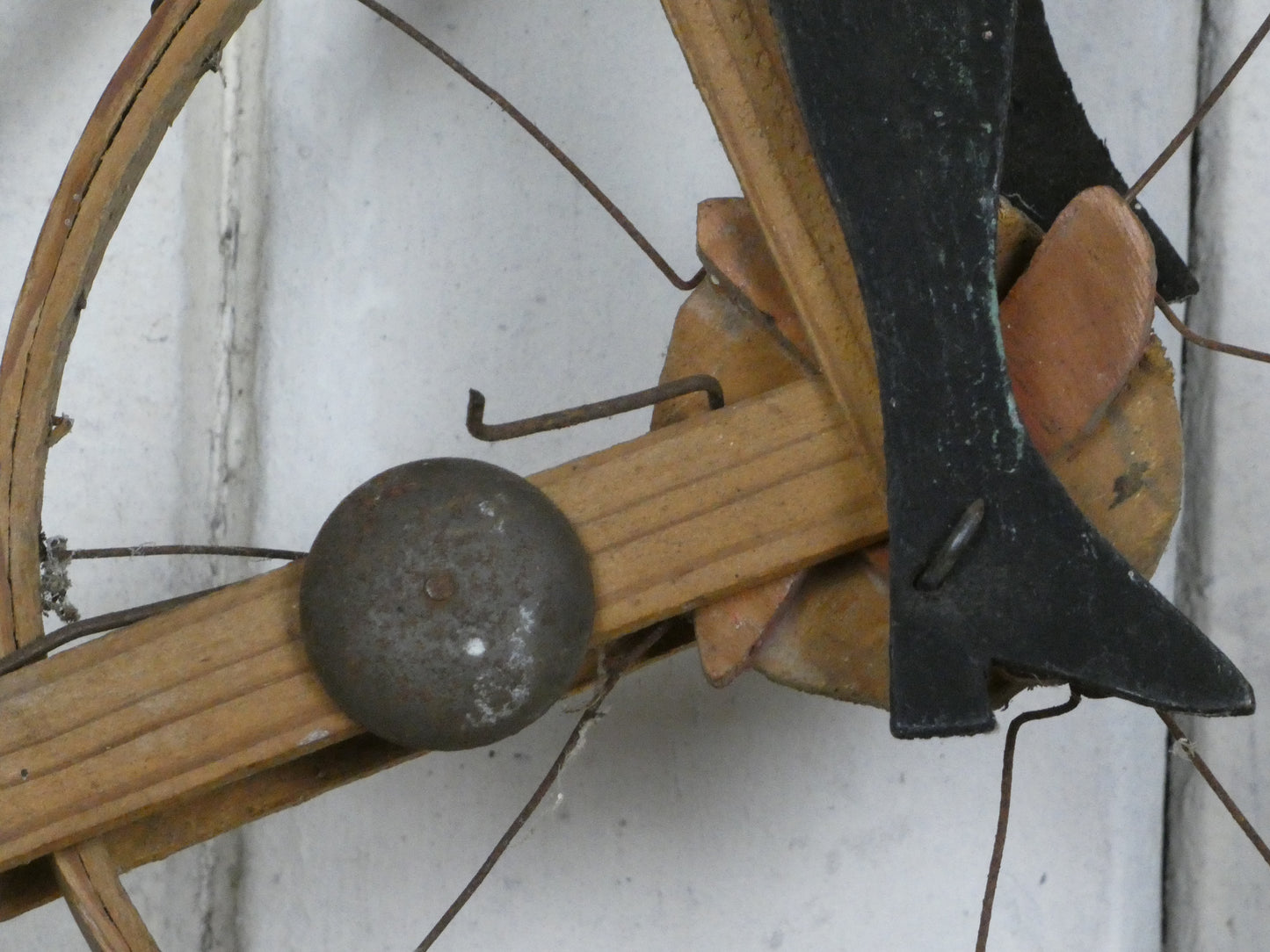 Vintage Folk Art Wooden Cycling Man / Toy – Handcrafted 1940s Kinetic Sculpture with Bell