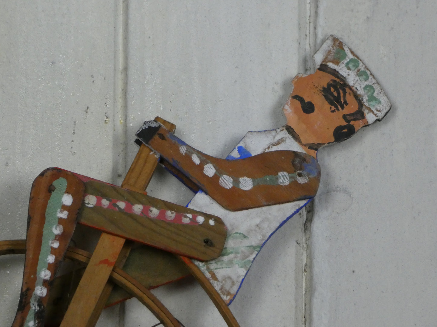 Vintage Folk Art Wooden Cycling Man / Toy – Handcrafted 1940s Kinetic Sculpture with Bell