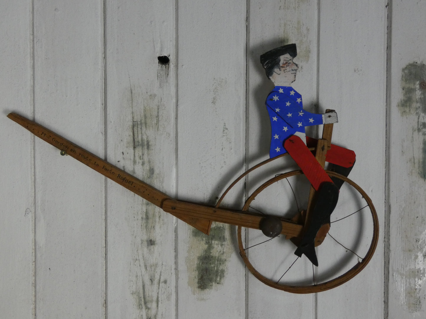 Vintage Folk Art Wooden Cycling Man / Toy – Handcrafted 1940s Kinetic Sculpture with Bell