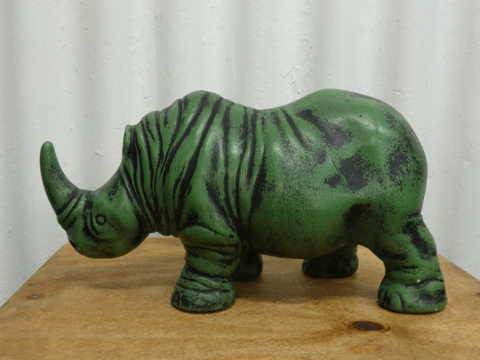 Mid-Century Modern Plaster Rhino Sculpture – Green with Dark Accents – 25.5 cm