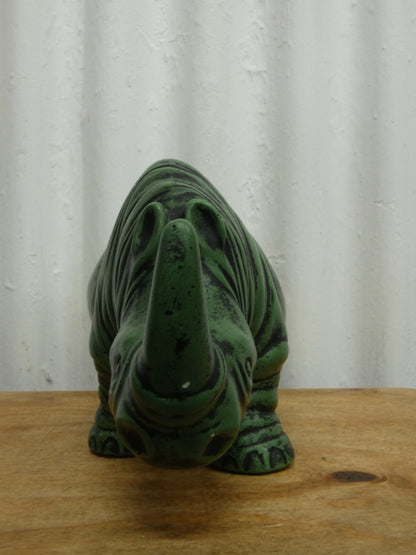 Mid-Century Modern Plaster Rhino Sculpture – Green with Dark Accents – 25.5 cm