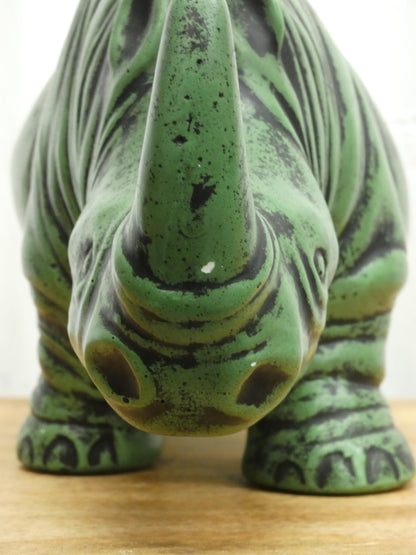 Mid-Century Modern Plaster Rhino Sculpture – Green with Dark Accents – 25.5 cm