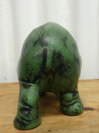 Mid-Century Modern Plaster Rhino Sculpture – Green with Dark Accents – 25.5 cm