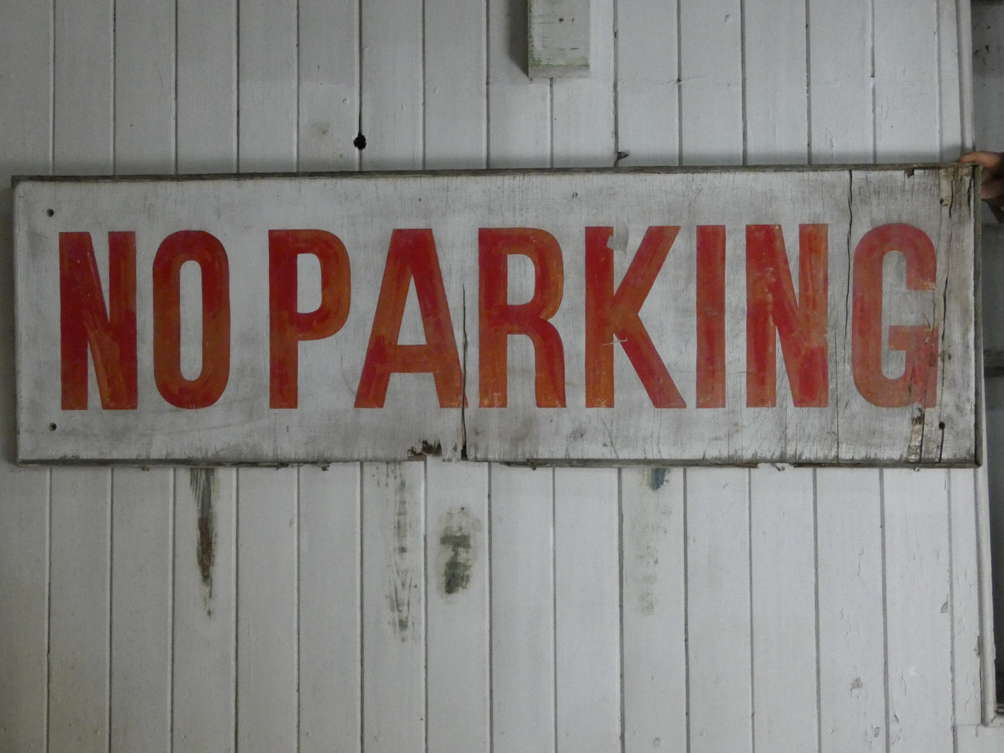Vintage “No Parking” Wooden Sign – 1950s/60s Industrial Wall Sign with Red Lettering & Patina
