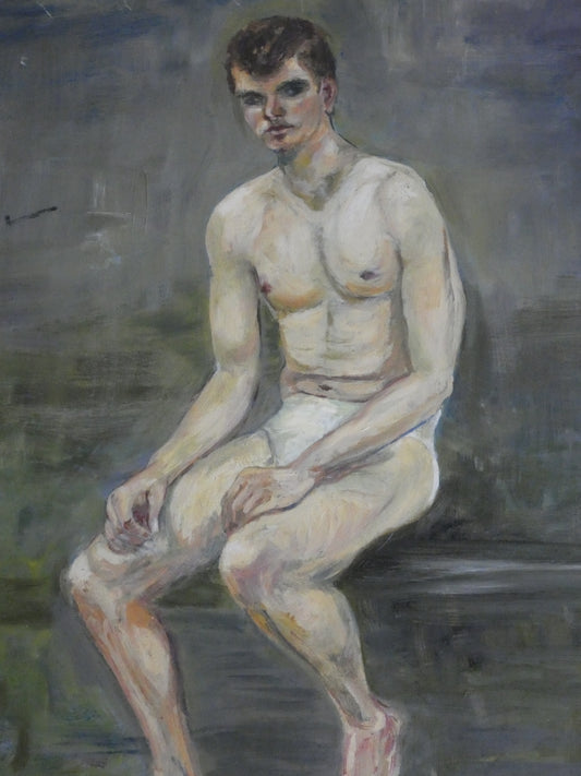Mid-Century Male Nude Portrait – Vintage Expressionist Oil Painting, Gay Interest Art