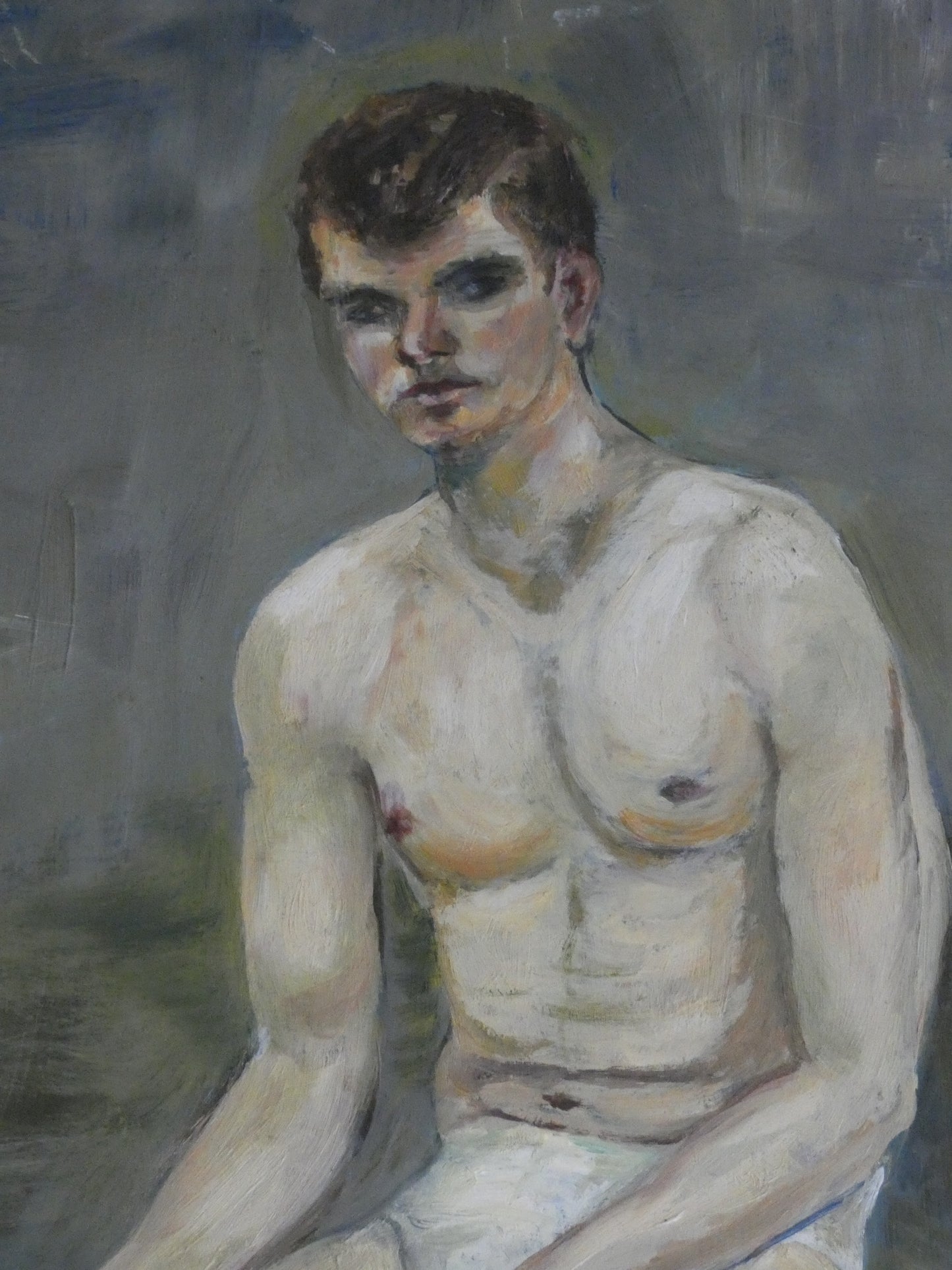 Mid-Century Male Nude Portrait – Vintage Expressionist Oil Painting, Gay Interest Art