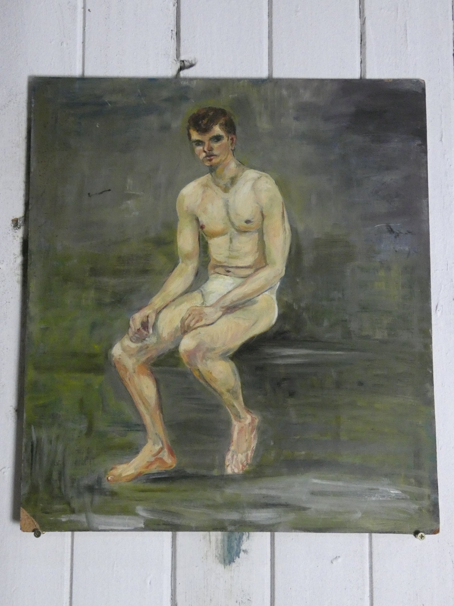 Mid-Century Male Nude Portrait – Vintage Expressionist Oil Painting, Gay Interest Art