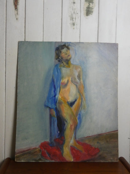 Vintage Expressionist Female Nude Painting on Board