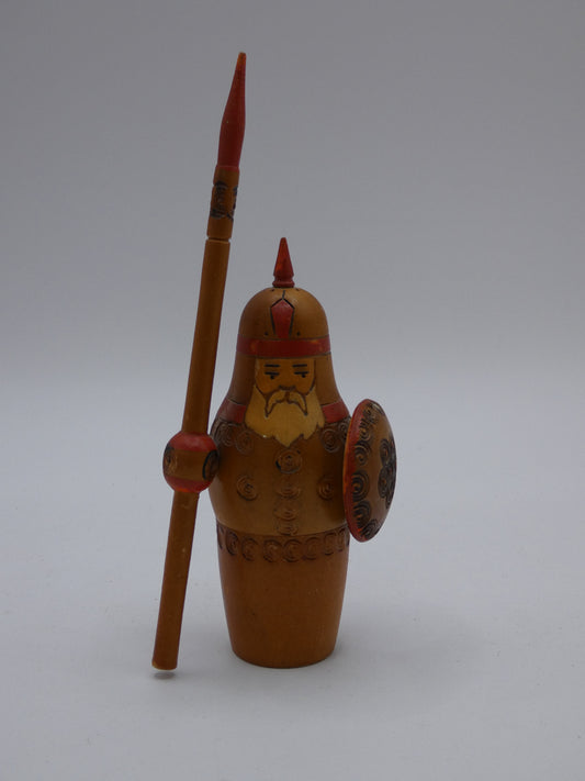 Vintage Hand-Carved Wooden Nordic Warrior Figure with Spear & Shield – Folk Art Scandinavian Soldier 18cm