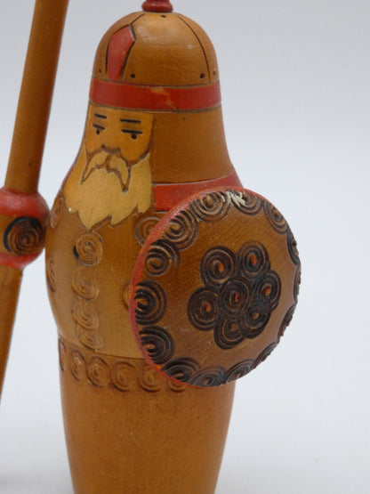 Vintage Hand-Carved Wooden Nordic Warrior Figure with Spear & Shield – Folk Art Scandinavian Soldier 18cm