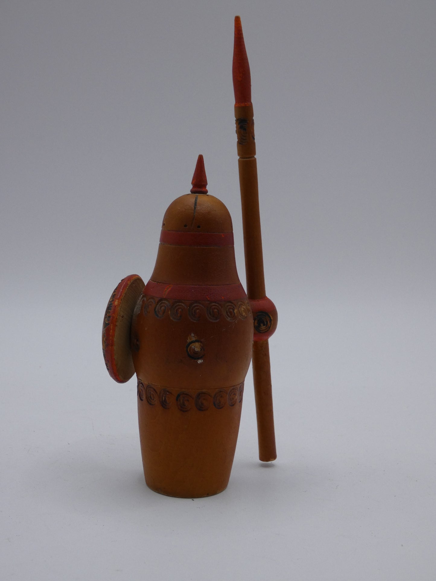 Vintage Hand-Carved Wooden Nordic Warrior Figure with Spear & Shield – Folk Art Scandinavian Soldier 18cm
