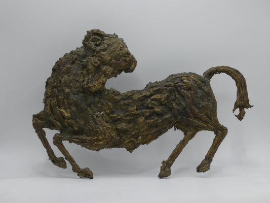 Vintage Brutalist Aries Zodiac Wall Plaque Sculpture | 1960s–1970s Cast Bronze Effect Ram Star Sign